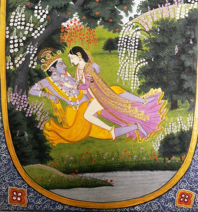 Фрагмент изображения "Радха занимается любовью с Кришной", ок. 1820 Иллюстрация к Расикаприя Кешав Дас