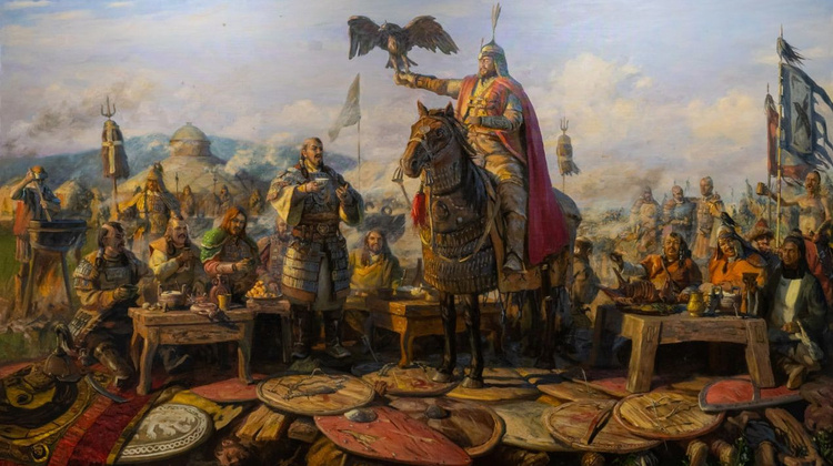 Пир монгольских военачальников Чингисхана во главе с Джэбэ и Субэдэем после победы над объединенным русско-половецким воинством на Калке 31 мая 1223 года. Худ. И. К. Акжигитов, 2023