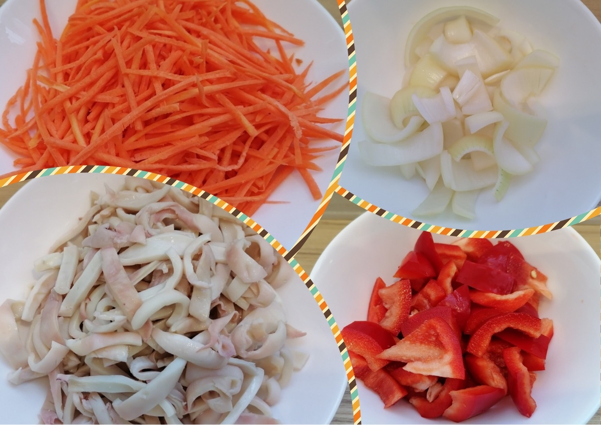 Овощи и  кальмар нарезаны, готовность блюда -  70%