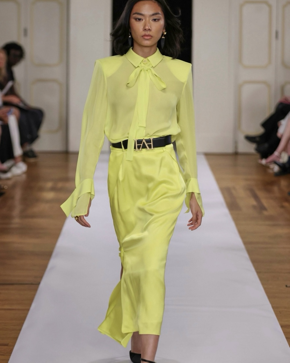 Шифоновая блузка с бантом и юбка миди - всегда беспроигрышный вариант.