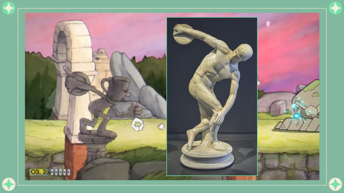 Скриншот Cuphead и скульптура Мирона "Дискобол" (из публичных источников)