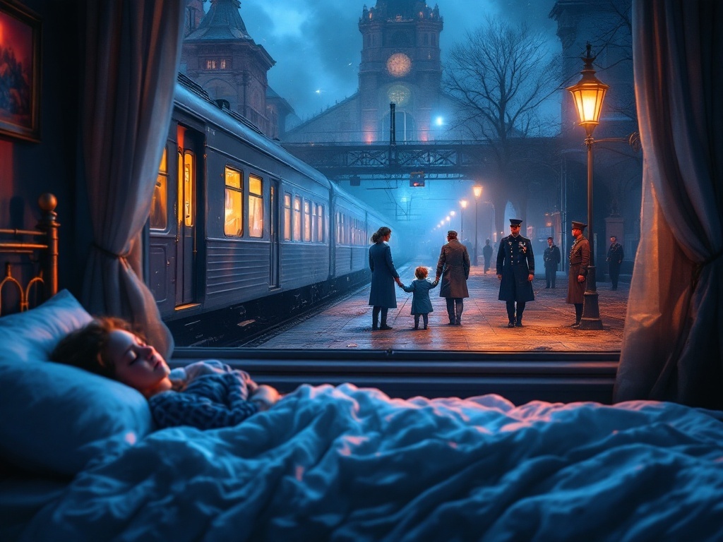    К чему такое снится: На картине изображен поезд на вокзале в Петербурге. Мама стоит с ребенком-инвалидом возле вагона, а вдалеке видны врачи и немецкие солдаты в военной форме, контролир