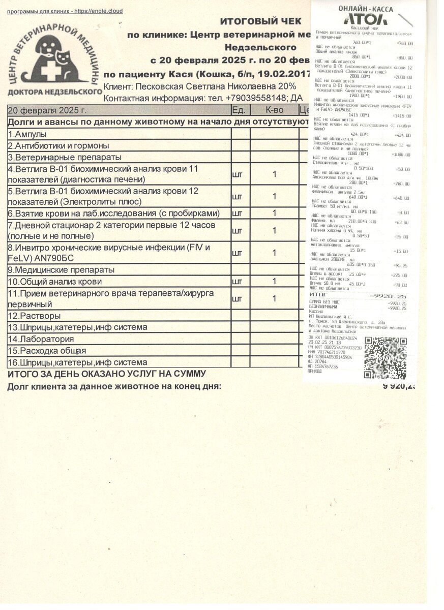 сегодняшний чек за ветеринарные услуги
