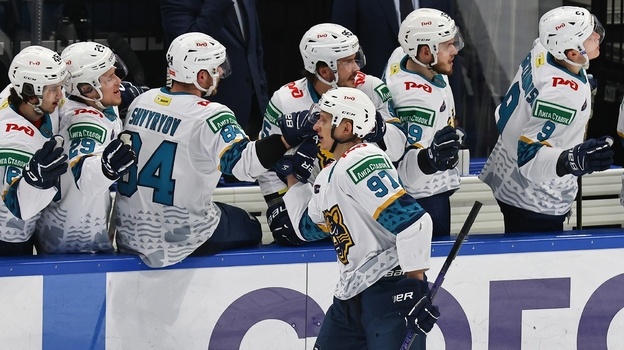    Даниил Сероух (№ 97) празднует гол в ворота «Динамо».ХК «Сочи»