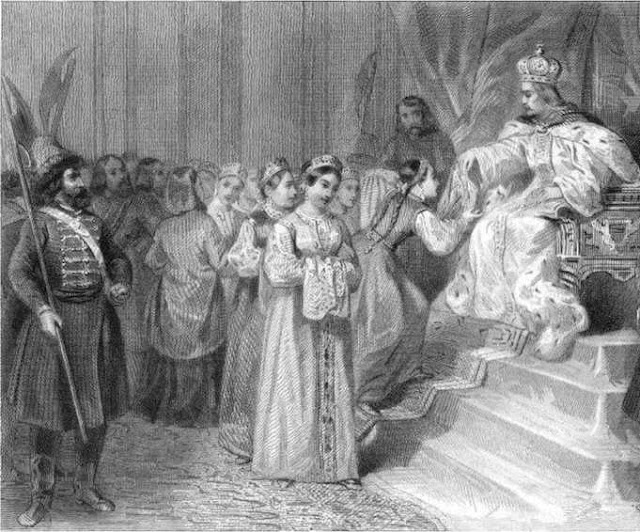 Царь выбирает невесту. Иллюстрация из книги: Lacroix F. Les mysteres de Russie. Paris, 1845.