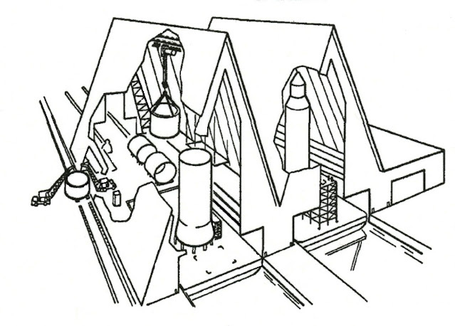 Отсеки А-образной формы, здания сборки ракет ROOST. Видны две транспортные баржи-пусковые площадки в каналах, выходящих из отсеков. (Изображение Douglas Aircraft Company)