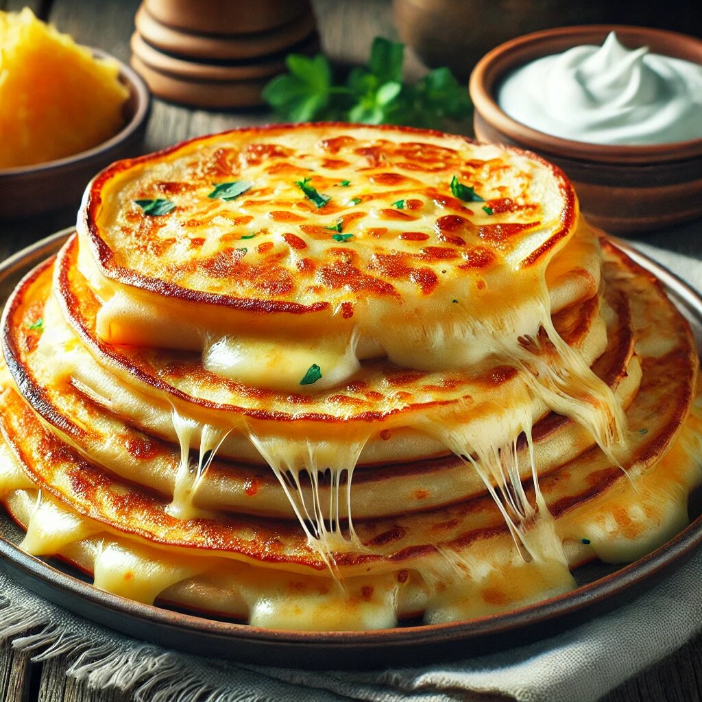 Сырные блины – с расплавленным сыром внутри и хрустящими краешками! 😋 Подаются со сметаной и зеленью, идеально для уютного завтрака. Если хочешь что-то ещё, просто скажи!