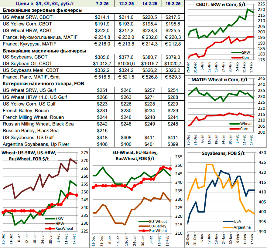 Ближайшие зерновые и масличные фьючерсы, котировки наличного товара FOB, 19.02.2025