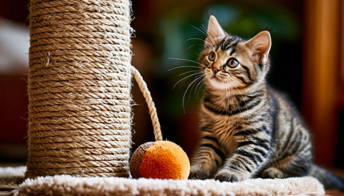 Игры помогают кошке привыкнуть к когтеточке