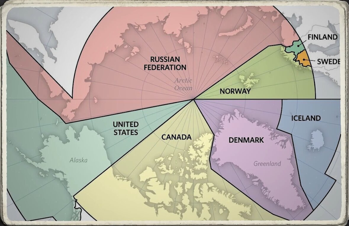 Карта Северного полюса с границами арктического шельфа между государствами