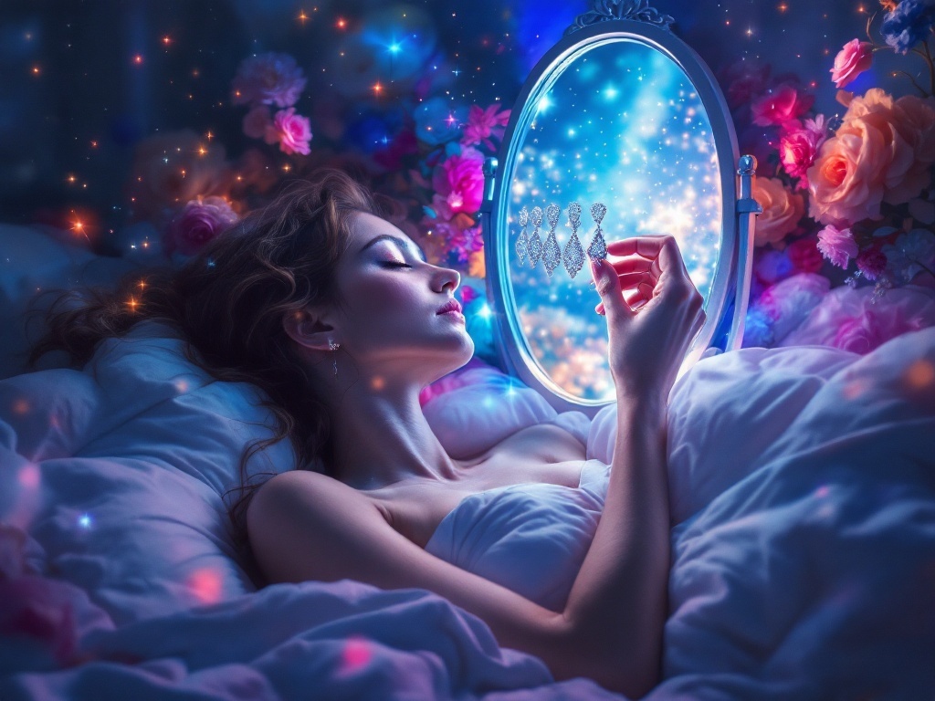    К чему такое снится: Женщина стоит перед зеркалом, вставляя серьги в уши. В одно ухо уже вставлены четыре серьги. Она держит в руке одну серьгу, сверкающую бриллиантами, и оглядывает ком