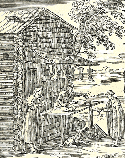 Изображение лавки сапожника из книги Адама Олеария, посетившего Россию и Москву в 1634, 1636, 1639 и 1643 годах.