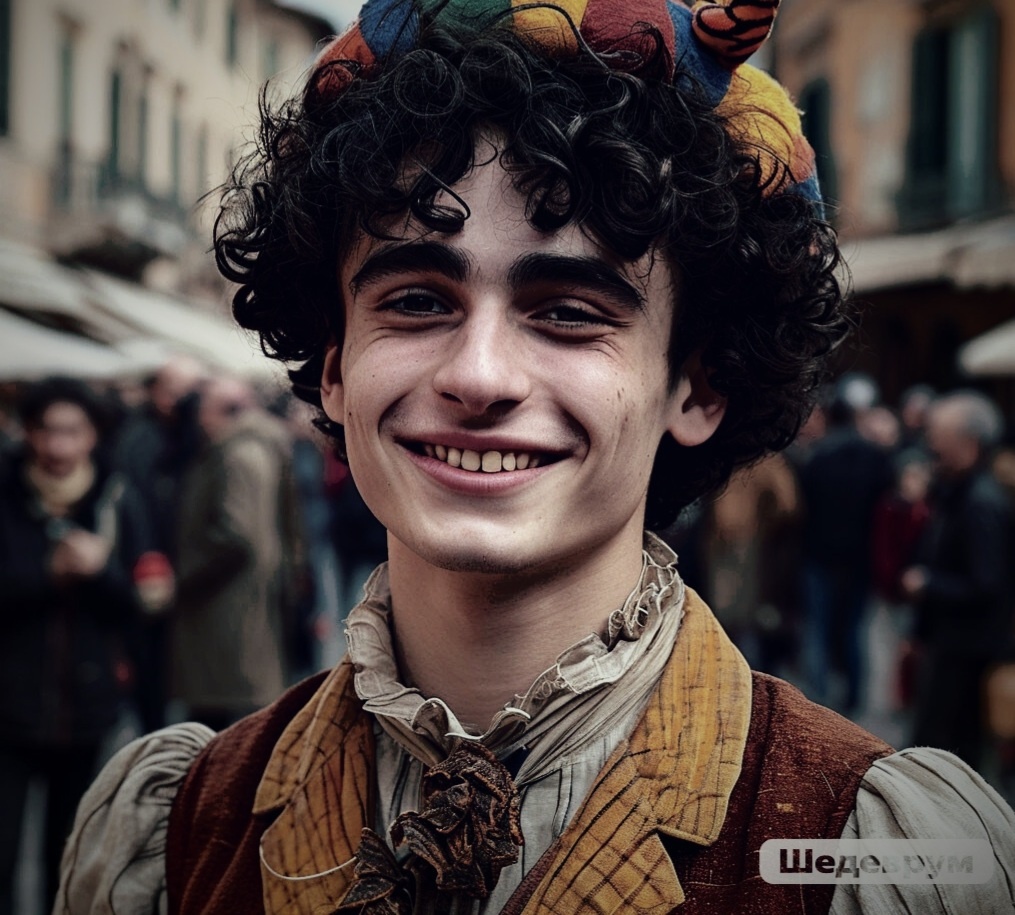 Наполеоне выходил на улицы или на главную площадь и тешил публику чтением своих собственных сказочек и фельетонов, при этом он мог надеть на себя что-нибудь нелепое и дурацкое (нейросеть)