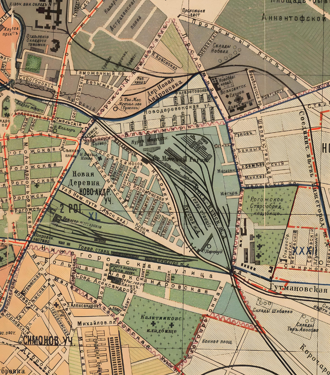 Новая деревня и её окрестности на Плане гор. Москвы с пригородами. Изд. Суворина, 1915 г.(источник: https://retromap.ru/0719151_z15.25_55.743986,37.685308)