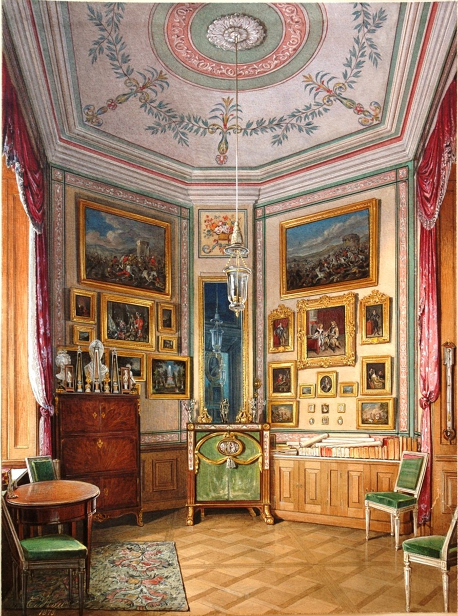 Гау Эдуард Петрович (1807-1887).
Гатчинский дворец. Башенный кабинет императора Павла I.
1878 г. Бумага, карандаш, акварель, белила.
