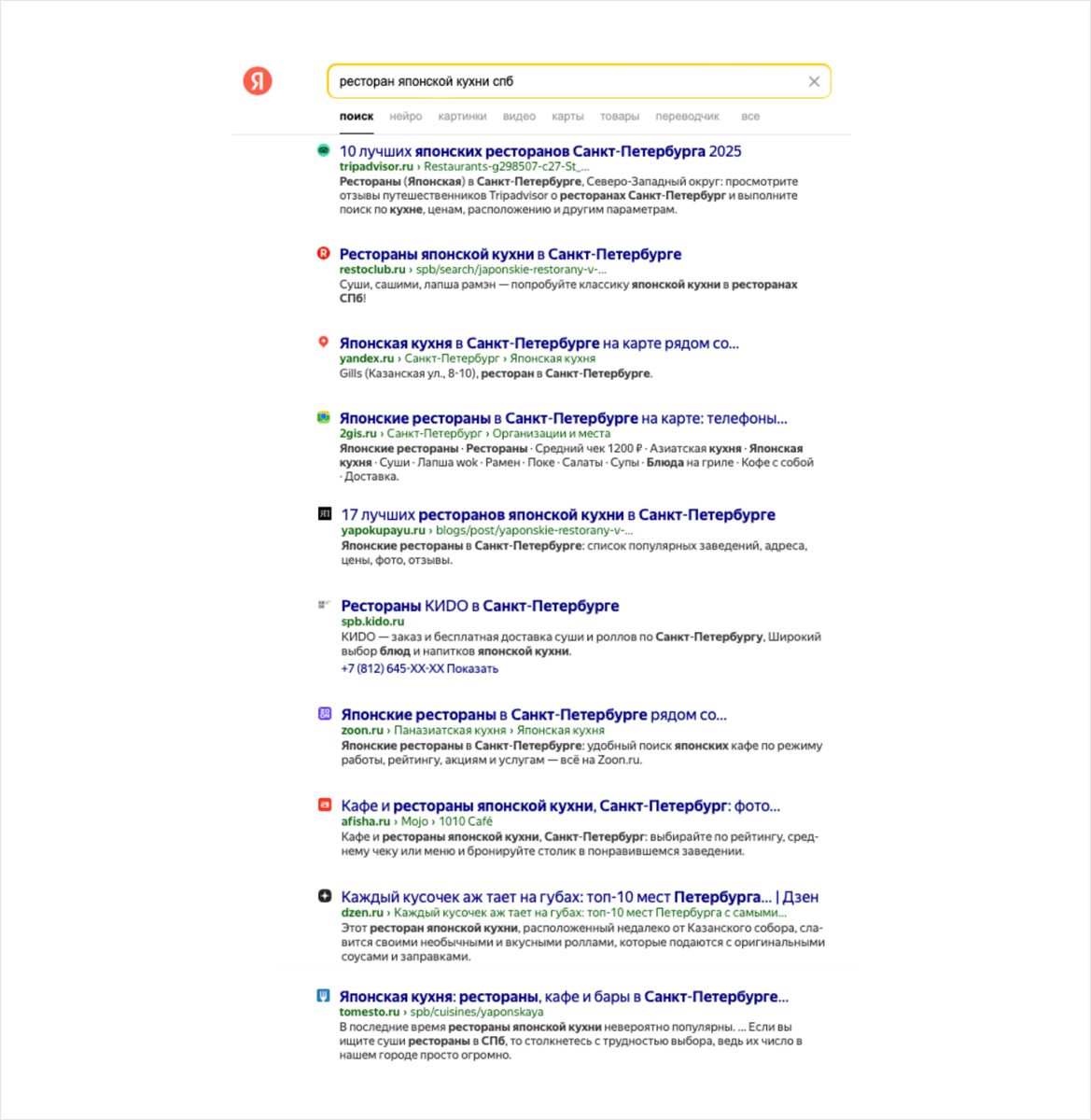 Пример ТОПа органической выдачи в Яндекс поиске по запросу «ресторан японской кухни Спб»