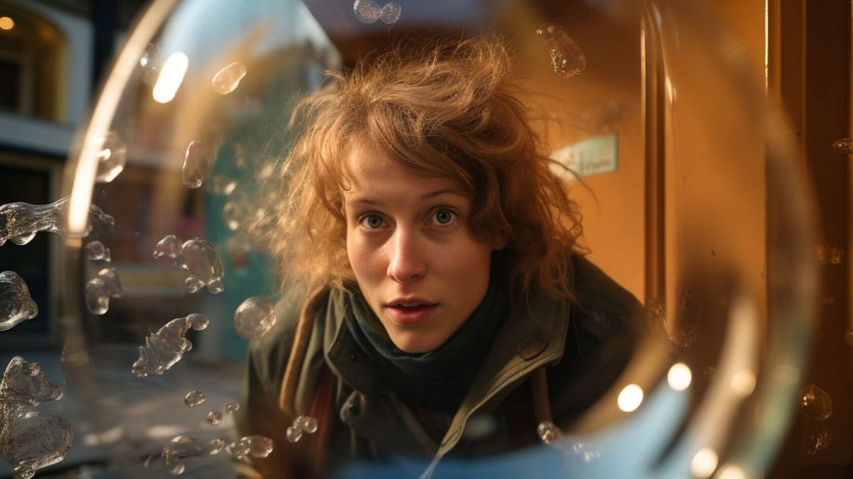 Молодой человек с любопытством смотрит на стекляный шар, символизирующий границу между прошлым и будущим, переходный момент и перемены в восприятии реальности.