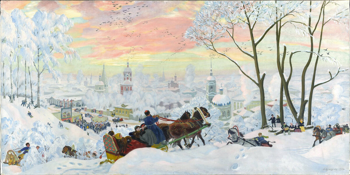 Б.М. Кустодиев. Масленица, 1916 год. Ретроспективный бытовой жанр.