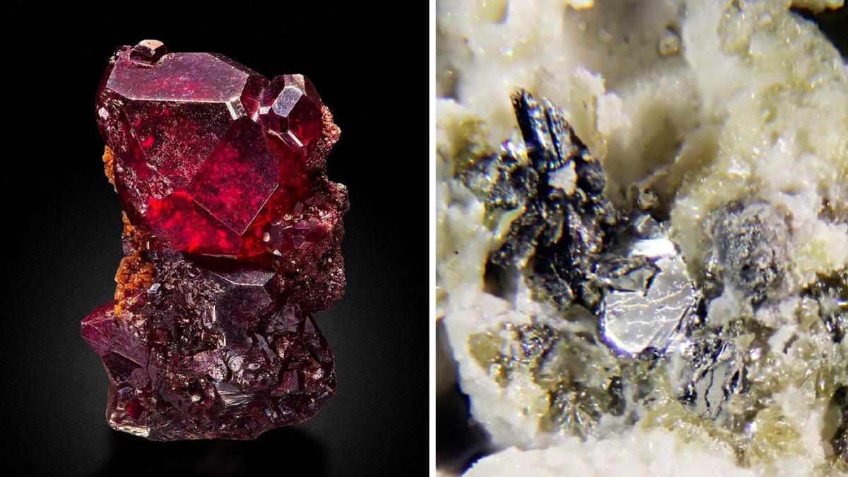 Куприт (слева) - минерал оксида меди, из которого добывали медь. Источник: ru.geologyscience.com Самородный цинк (металлические кристаллы) - очень редко встречается в природе. Источник: commons.wikimedia.org