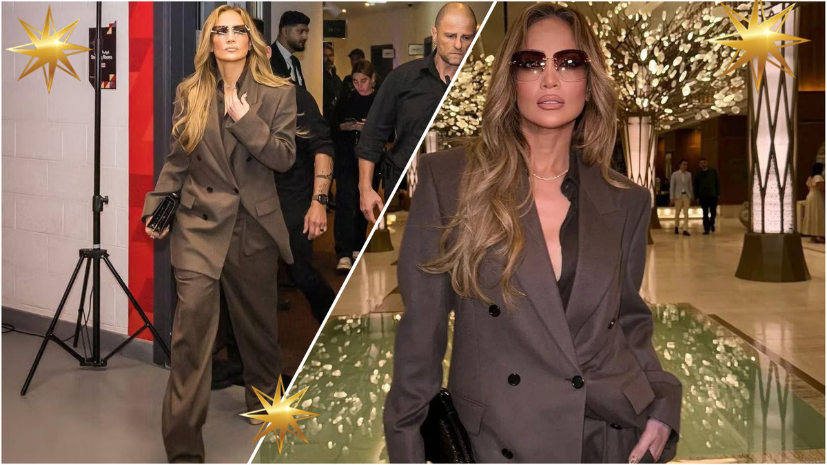 Дженнифер Лопес в шоколадном брючном костюме