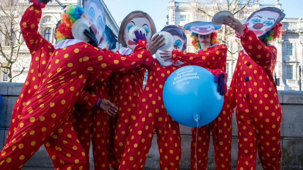    АКТИВИСТЫ РАЗБИВАЮТ БУМАЖНЫЕ ТАРЕЛКИ О ЛИЦА ДРУГ ДРУГА НА ДАУНИНГ-СТРИТ. ОНИ В МАСКАХ ПОСЛЕДНИХ 7 ПРЕМЬЕРОВ - ГОРДОНА БРАУНА, ДЭВИДА КЭМЕРОНА, ТЕРЕЗЫ МЭЙ, БОРИСА ДЖОНСОНА, ЭЛИЗАБЕТ ТРАСС, РИШИ СУНАКА И ТОНИ БЛЭРА. ФОТО: © KRISZTIAN ELEK/ GLOBALLOOKPRESS