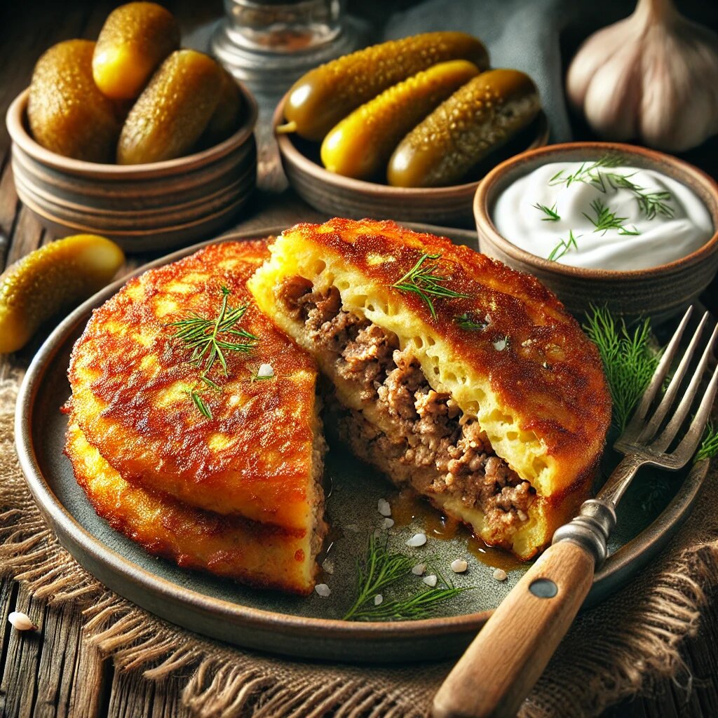 Аппетитные драники с мясом – румяные, хрустящие, с сочной начинкой! Подаются со сметаной, укропом и соленьями. 😋 Если хочешь ещё что-то, говори