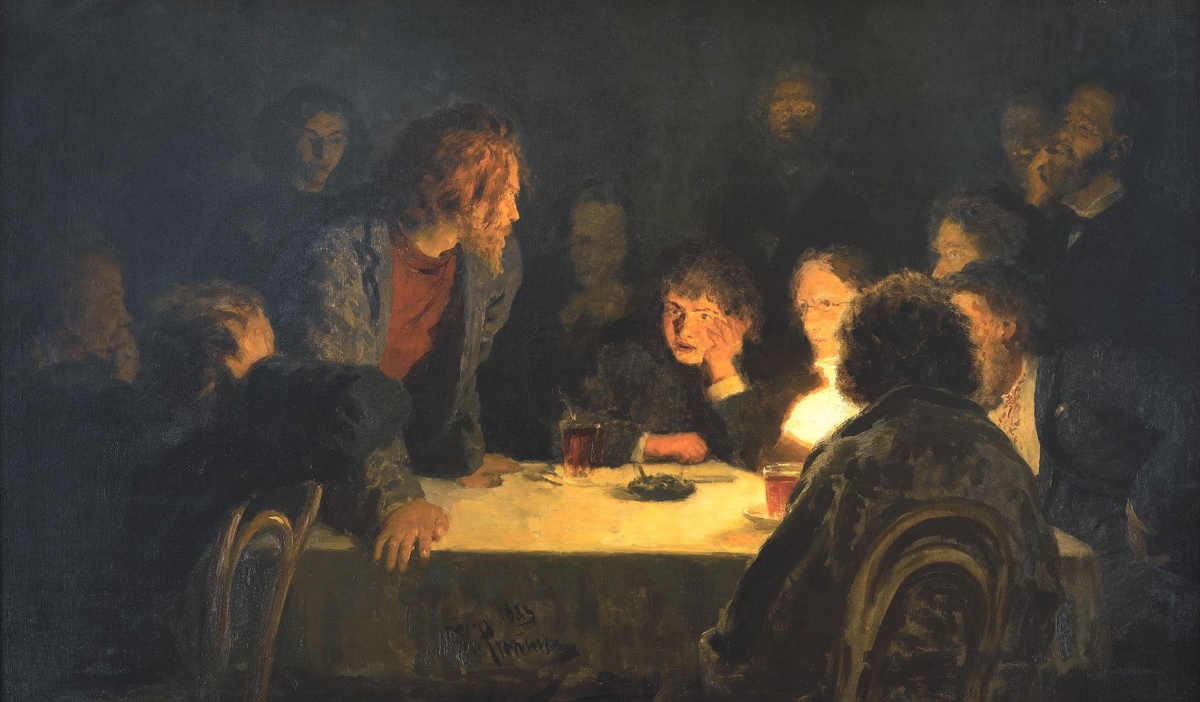Илья Репин. «Сходка» (авторское название — «При свете лампы», 1883