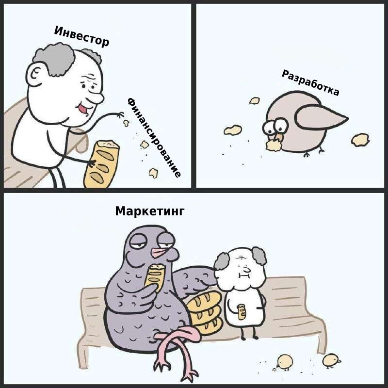 Инвестор всегда знает, где нужен бюджет: маркетинг съедает всё, а разработка довольствуется лапшой быстрого приготовления. Три столпа любого стартапа 
