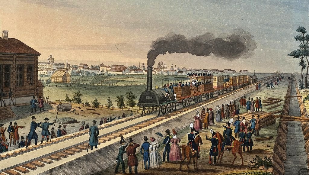 "Прибытие первого поезда из С.-Петербурга в Царское Село 30 октября 1837 г." Художник К. П. Беггров. Из коллекции Эрмитажа.