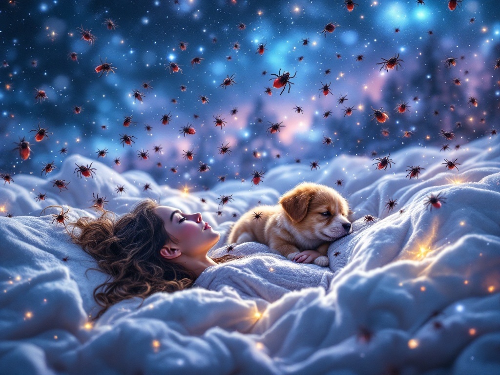    К чему такое снится: На картине изображена сцена в снежном ландшафте, где молодая женщина активно пытается вытащить множество клещей из шерсти щенка. Вокруг них видна толпа клещей, котор