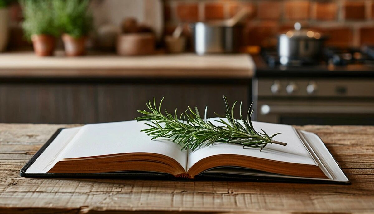 Кулинарная книга и веточка розмарина