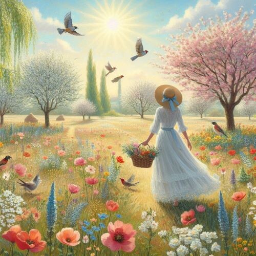 Жить в любви для женщины – это как прогулка по весеннему цветущему полю в лучах теплого и нежного солнца. Иллюстрация автора