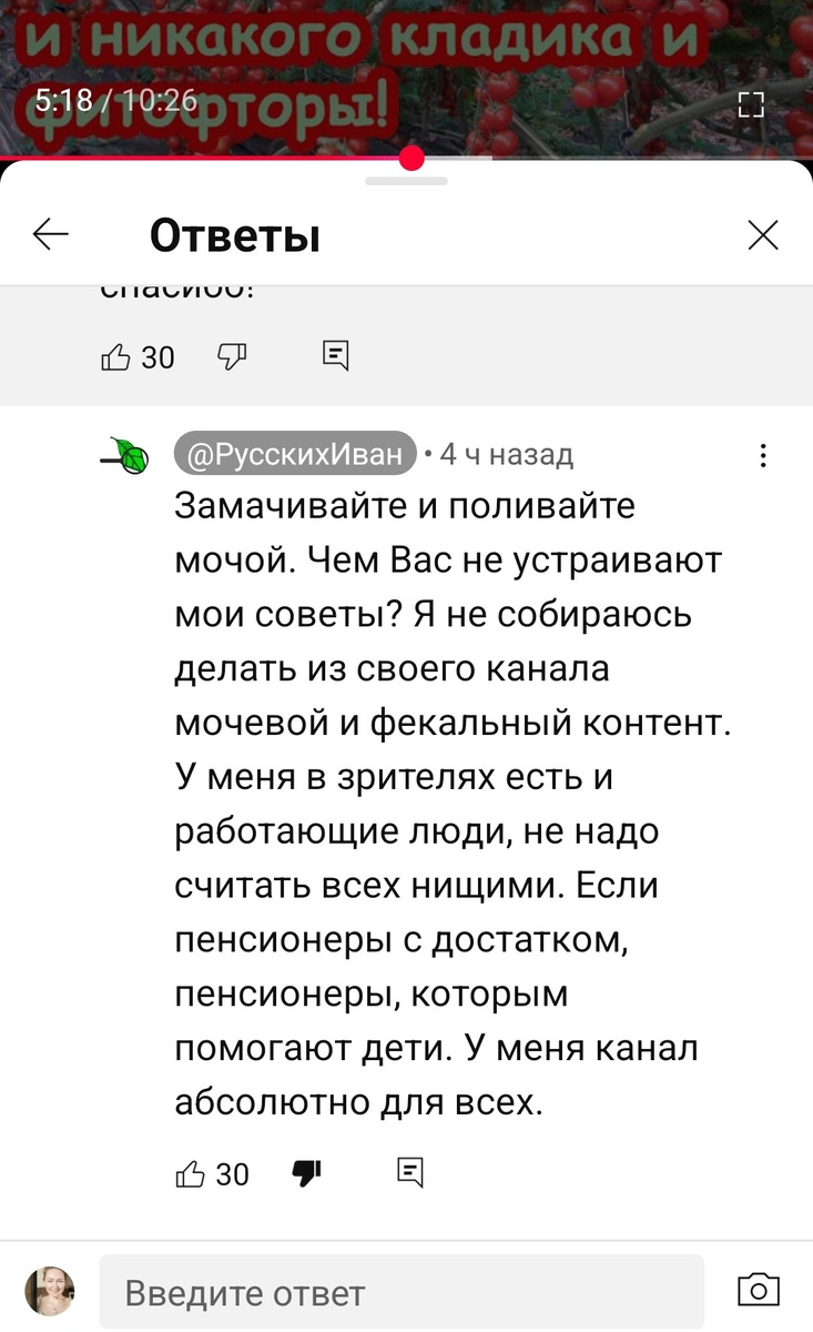 Скриншот ответа автора ролика