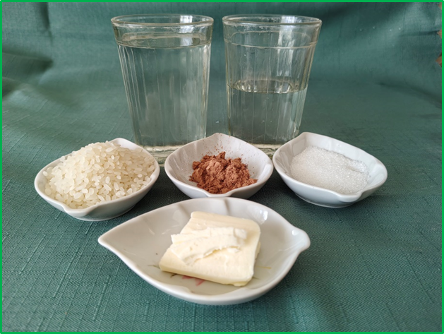 Ингредиенты для приготовления вязкой рисовой шоколадной каши