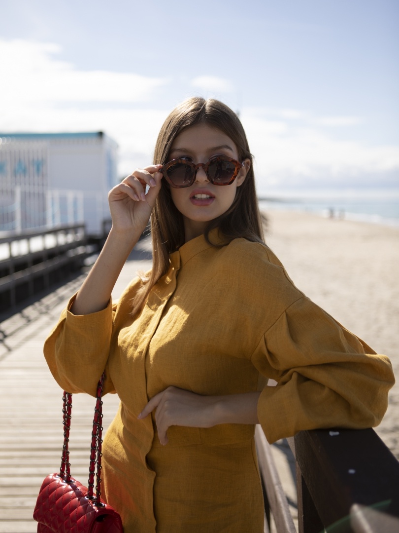 Льняное платье Людмила, горчичный цвет