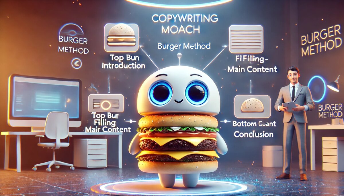 Метод Бургера, структурированный контент, копирайтинг для коучей, логичное письмо, AI-копирайтинг, контент-маркетинг, четкая структура статьи, визуализация идей