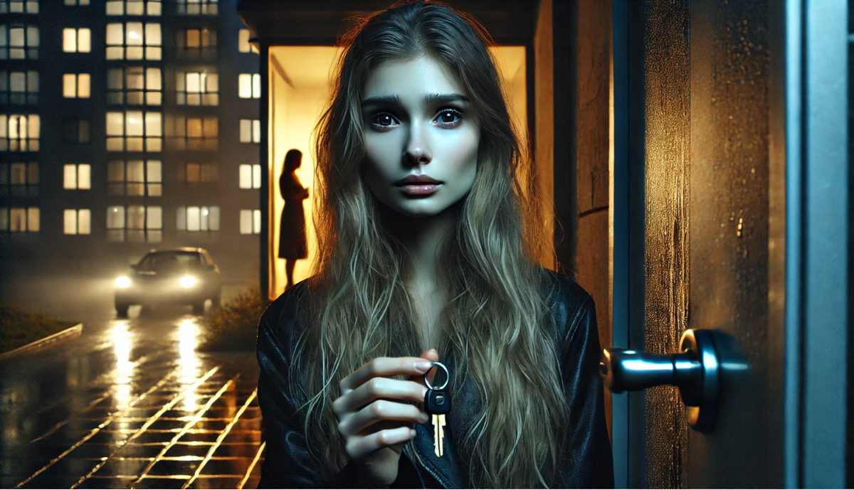 девушка стоит перед закрытой дверью, осознавая, что её больше не впускают в собственный дом