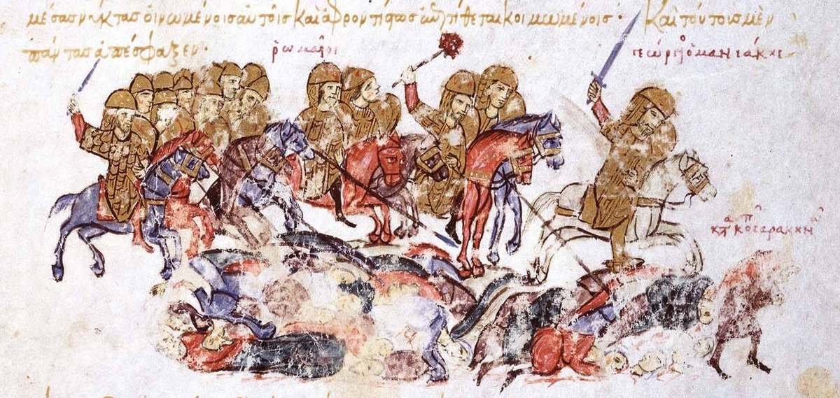 Атака византийских катафрактов. Миниатюра 11 века.