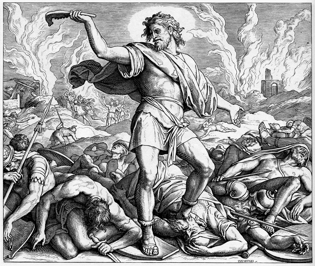 Юлиус Фейт Ханс Шнорр фон Карольсфельд, «Самсон поражает филистимлян ослиной челюстью», 1852—1860, эпизод в Библии: Суд. 15:11–16. Гравюра входит в издание иллюстрированной Библии, которое вышло в свет в Лейпциге