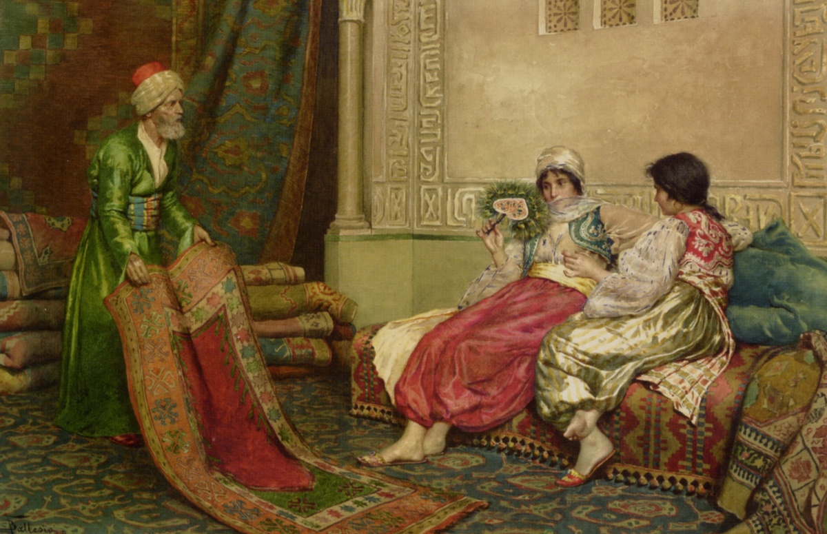 Франческо Баллесио  (1860-1923). «Продажа ковра», карандаш, акварель и гуашь, бумага. Частная коллекция. Итальянский ориенталист Балессио писал торговцев коврами десятками, маслом, акварелью и карандашами, в антуражах пустыни, городского базара, богатого дома и гаремов. Работы прекрасно раскупались, и по сей день, чаще всего, принадлежат частным коллекционерам. 