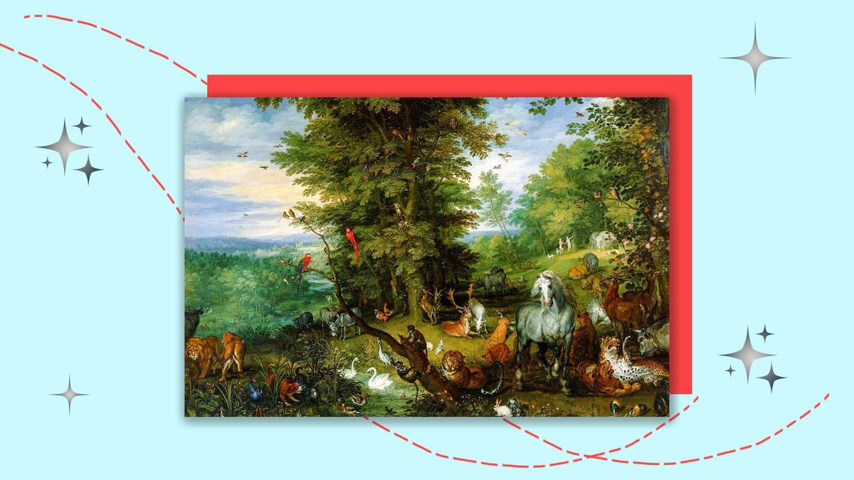 В коллаже используется картина Яна Брейгеля-старшего "Адам и Ева в Эдемском саду" (1615 г.)