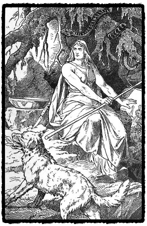 Гарм охраняет вход в подземный мир. Рисунок Хель работы Йоханнеса Герта (1889 г.)