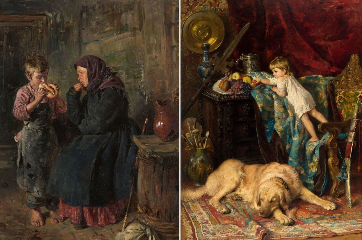 Владимир Маковский. «Свидание», 1883 год, Государственная Третьяковская галерея, Москва © Public domain // Константин Маковский. «В мастерской художника», 1881 год, Государственная Третьяковская галерея, Москва © Public domain
