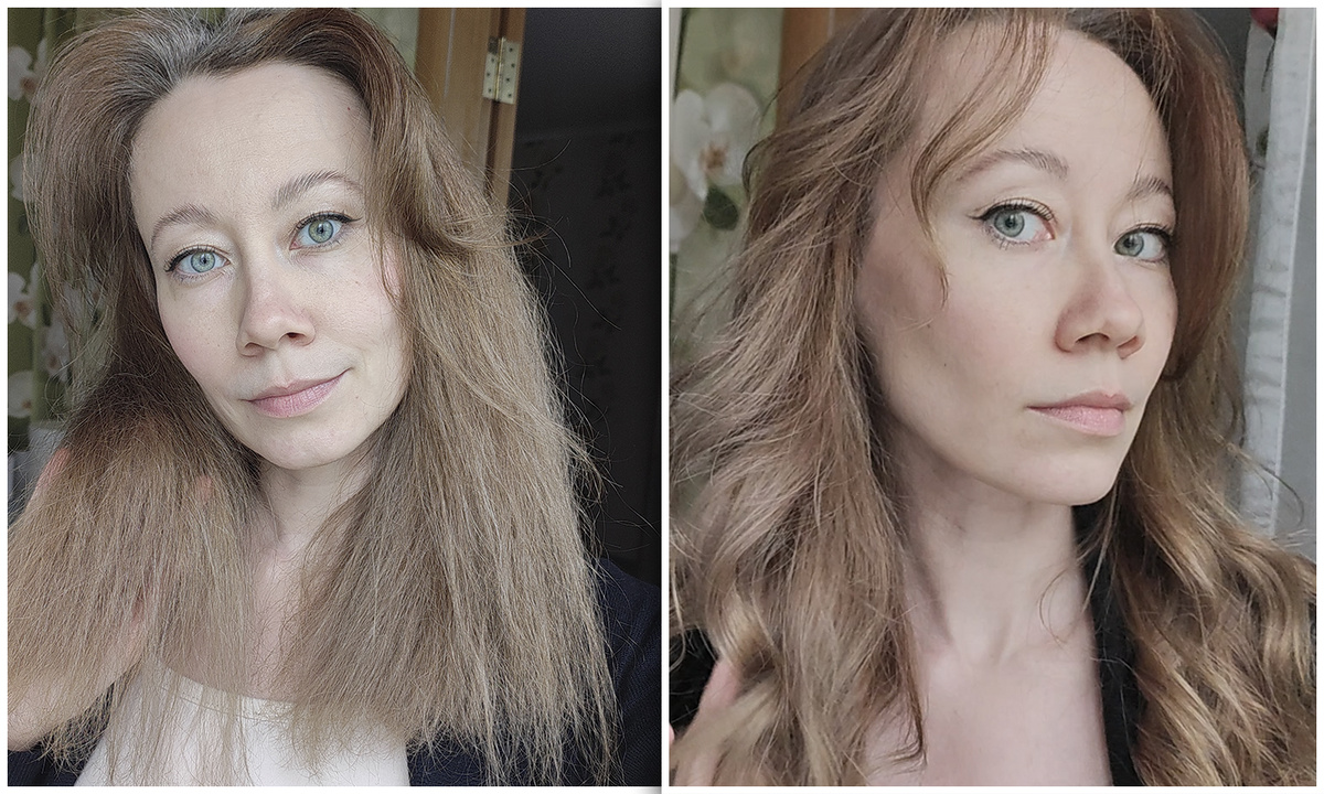 Волосы высушенные феном, до укладки и после укладки