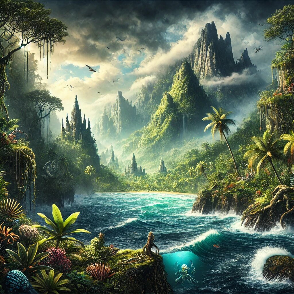 гипотетическое изображение Лемурии, затопленного океаном