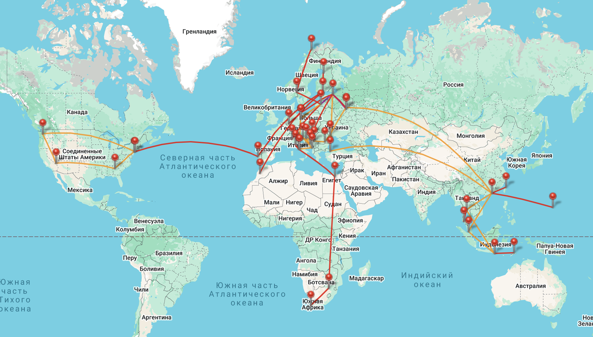 Карта моих полетов за 2018 год.