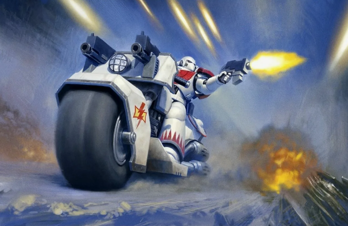 Воин легиона "Белых шрамов". Конечно, космические десантники вооружены не луками, а болтерами, и кони у них - железные. 