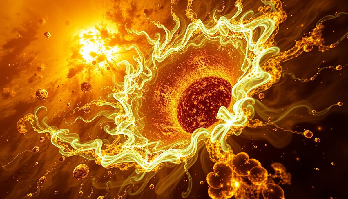 Мощная визуализация термоядерного реактора размером с 30 Земель. Протоны сталкиваются при температуре 15 млн °C, сливаясь в гелий. Каждую секунду 600 млн тонн водорода превращаются в энергию – этого хватит, чтобы вскипятить океаны Земли за наносекунду. На изображении – фантасмагорические потоки плазмы, искривленные гравитацией, где давление в 340 млрд раз выше, чем в земной атмосфере.