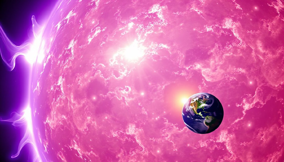 Кадр гигантской X-класса вспышки, вырывающейся из активной зоны. Энергия эквивалентна миллиарду мегатонных бомб. Фиолетово-белые языки плазмы длиной в 10 земных диаметров пронзают хромосферу. В углу – крошечная силуэтная Земля для масштаба, напоминающая песчинку перед огнеметом.