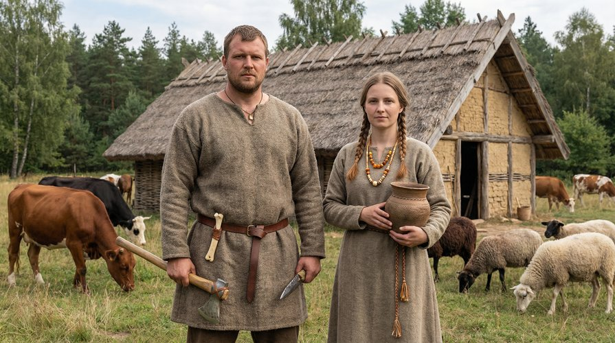 Представители шнуровой керамики, современная фото реконструкция. Уже весьма похожи на славян, предками которых они и являются